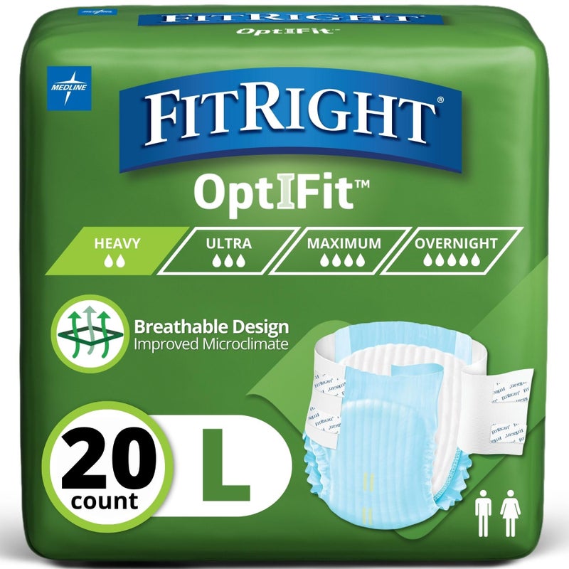 FitRight Adult Diapers Extra Heavy Absorbency L Waist Size 44in56in 20 Count OptiFit Incontinence Briefs for Men and Women Disposable Moisture Wicking Leak Protection